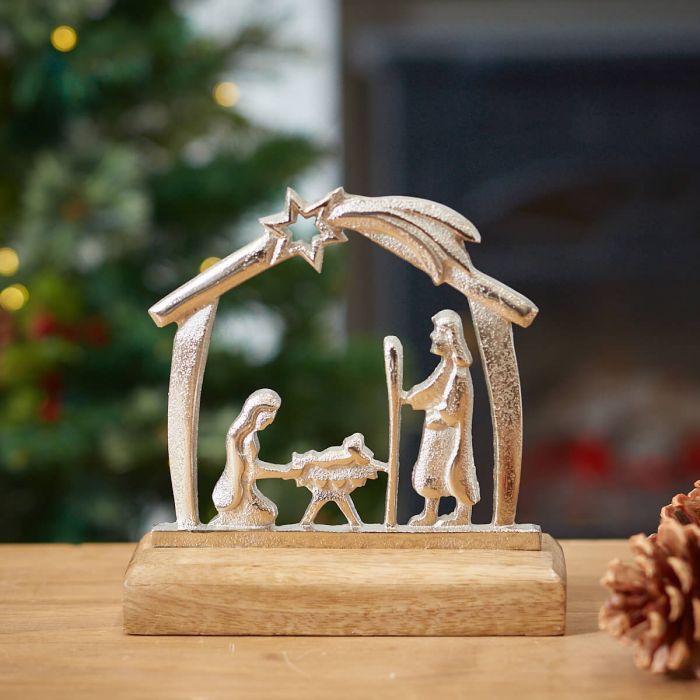Silver Nativity Scene with Mango Wood Base