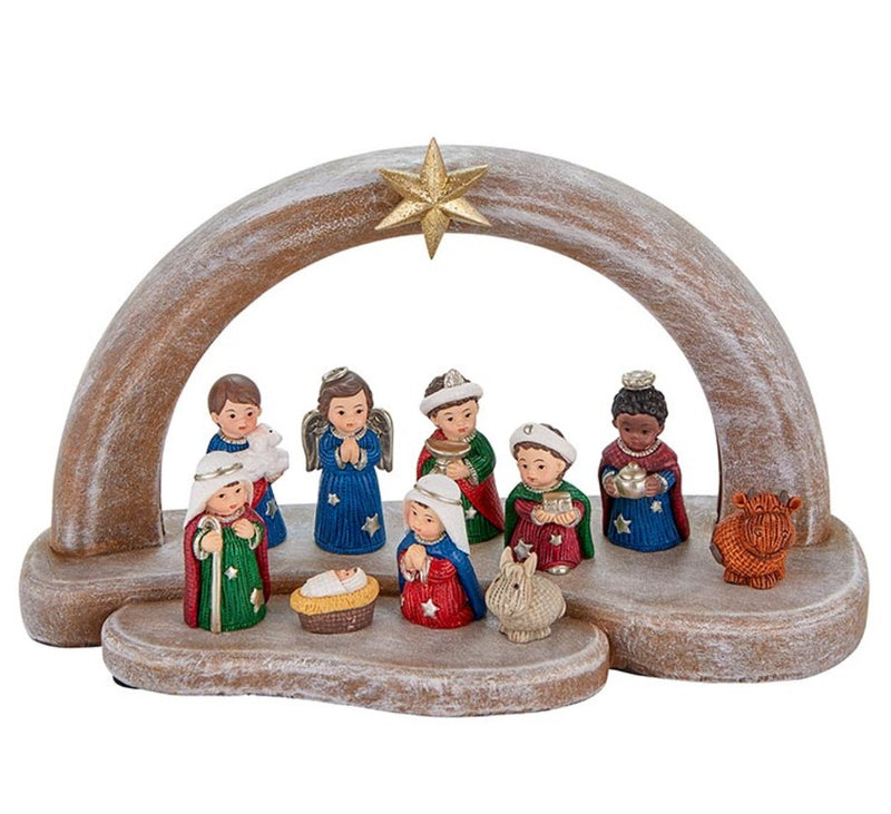 Ten-Piece Childlike Nativity Set with Lighted Arch Base