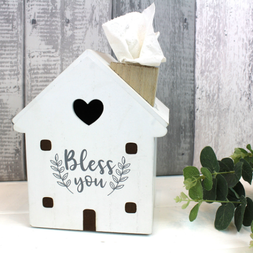Tissue Box "Bless You" White Wood