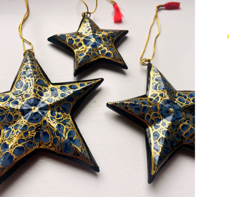 Hand Painted Star Decoration (pack of 3) Blue & Gold