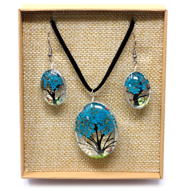 Tree of Life Jewellery Set - Teal Flowers