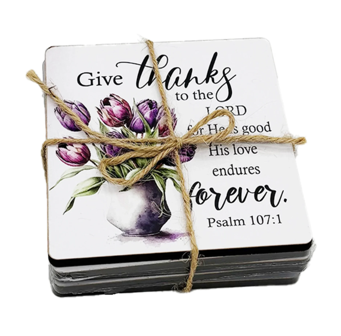 Set of 6 Wooden Coasters – “Give Thanks to the Lord for He Is Good”