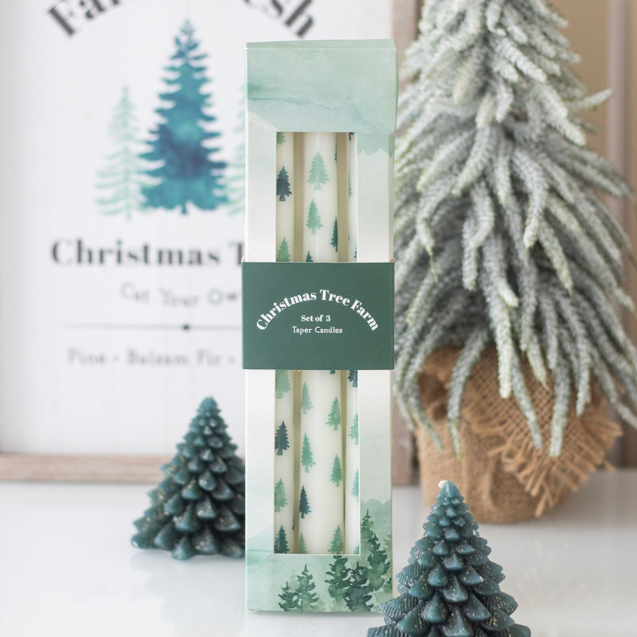 Set of 3 White Fir Tree Taper Candles