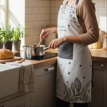 A woman wearing a white apron with black botanical illustrations and a gray pocket stands in a bright, modern kitchen, stirring a pot on a stovetop. A loaf of bread and potted herbs sit on the counter nearby.