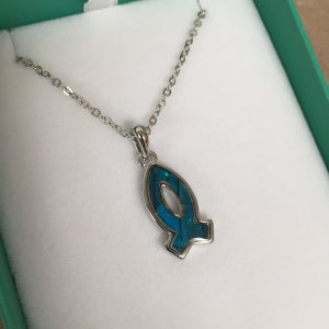 Inlaid Paua Shell Ichthus Fish Pendant in Blue